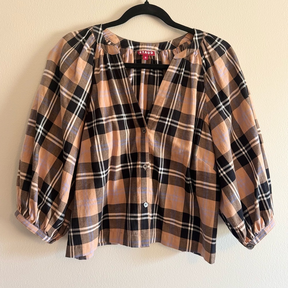 STAUD Plaid Button-Front Puff Sleeve Blouse in Black & Tan